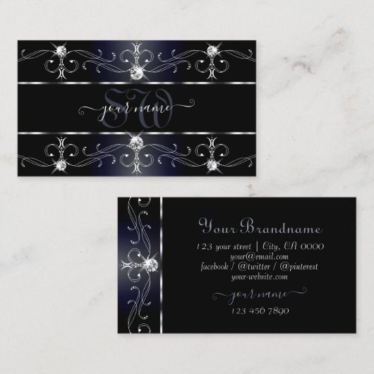 Noble Black Blue  Borders Diamonds monogram Visitekaartje (Voorkant / Achterkant)
