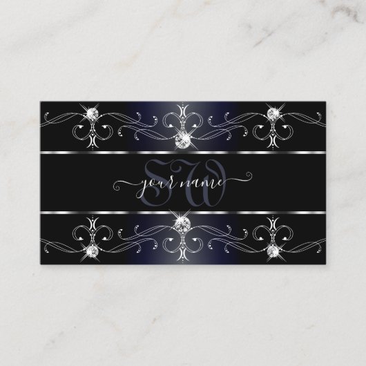Noble Black Blue Borders Diamonds monogram Visitekaartje (Voorkant)