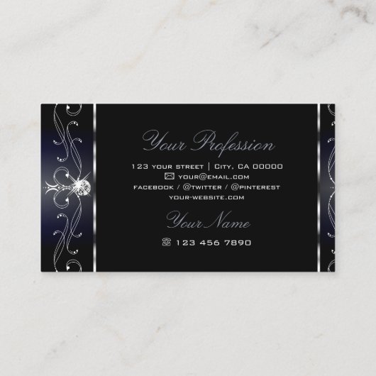 Noble Black Blue  Borders Diamonds Ornamenten Visitekaartje (Achterkant)