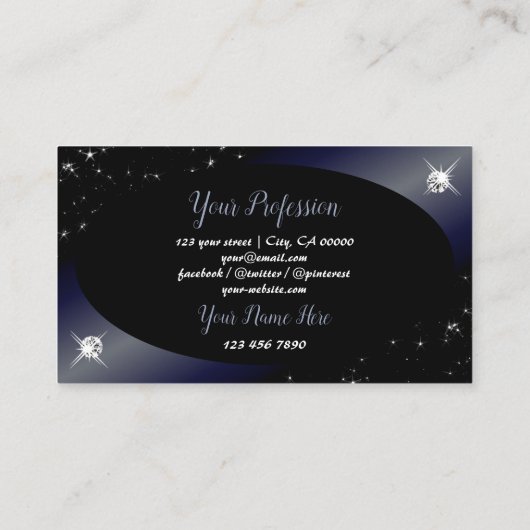 Noble Black Blue Glitter Stars Diamonds Elegant Visitekaartje (Achterkant)