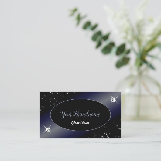 Noble Black Blue Glitter Stars Diamonds Elegant Visitekaartje (Staand voorkant)