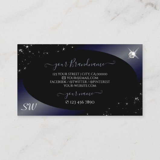 Noble Black Blue Glitter Stars Diamonds Initialen Visitekaartje (Achterkant)