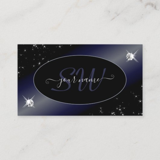 Noble Black Blue Glitter Stars Diamonds Initialen Visitekaartje (Voorkant)