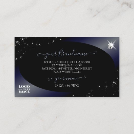 Noble Black Blue Glitter Stars Diamonds met Logo Visitekaartje (Achterkant)