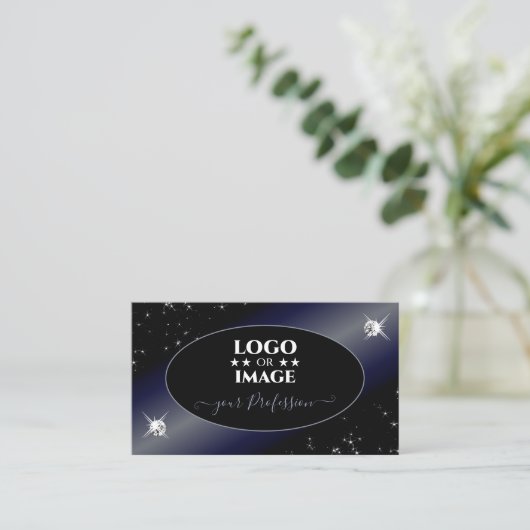 Noble Black Blue Glitter Stars Diamonds met Logo Visitekaartje (Staand voorkant)