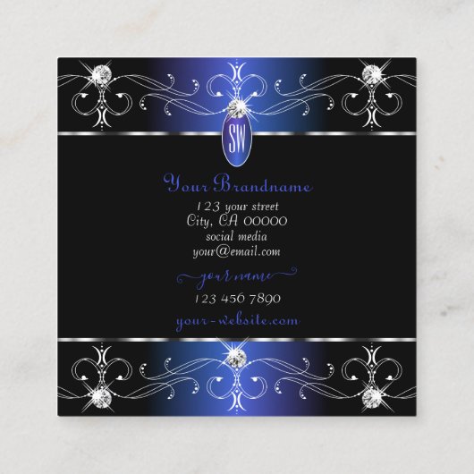 Noble Black Blue Paarse  Ornamenten Initialen Vierkante Visitekaartje (Achterkant)