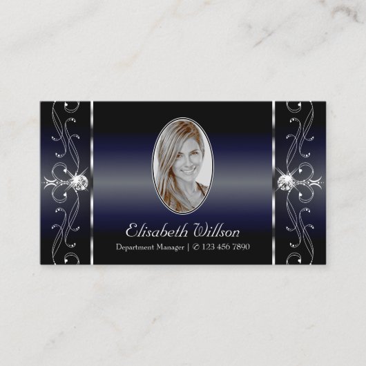 Noble Black Blue White Squiggings Jewels met foto Visitekaartje (Voorkant)