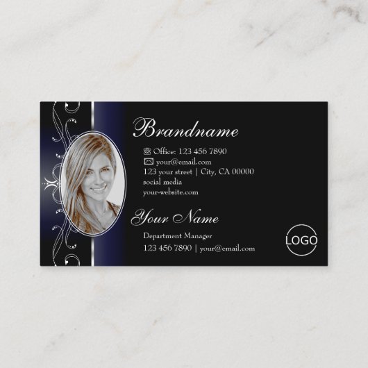 Noble Black Blue White Squiggins Jewels Logo Foto Visitekaartje (Achterkant)