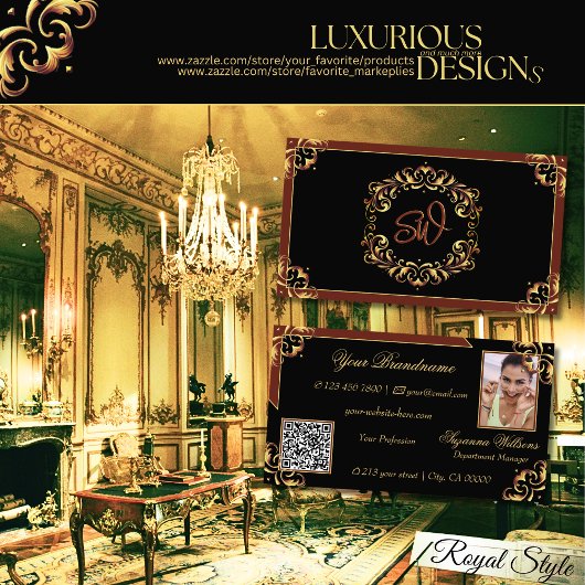 Noble Black Brown Gold Monogram Foto QR-code Visitekaartje