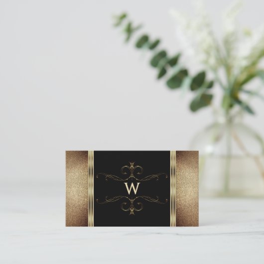 Noble Black Gold Glitter Ornamental met monogram Visitekaartje (Staand voorkant)