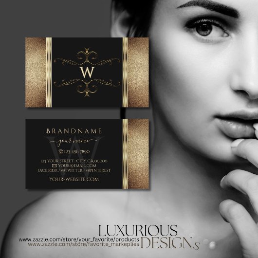 Noble Black Gold Glitter Ornamental met monogram Visitekaartje