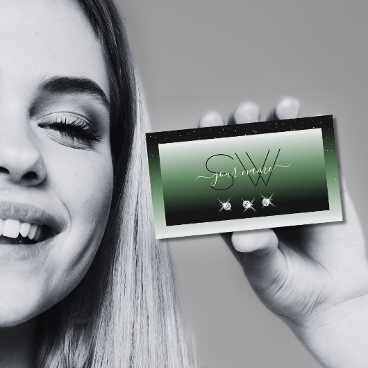 Noble Black Green Ombre Sparkle Diamonds Initialen Visitekaartje