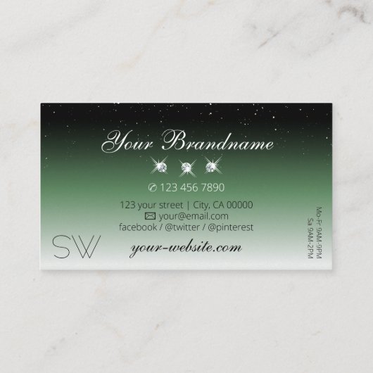 Noble Black Green Ombre Sparkle Diamonds Initialen Visitekaartje (Achterkant)