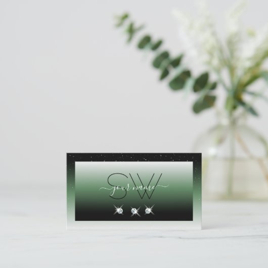 Noble Black Green Ombre Sparkle Diamonds Initialen Visitekaartje (Staand voorkant)