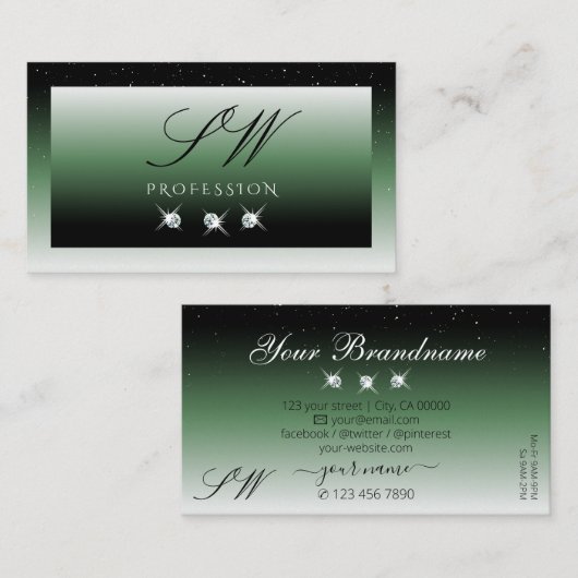 Noble Black Green Ombre Sparkle Diamonds Monogram Visitekaartje (Voorkant / Achterkant)