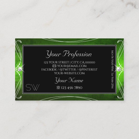 Noble Black Green  Sparkle Diamonds Initialen Visitekaartje (Achterkant)