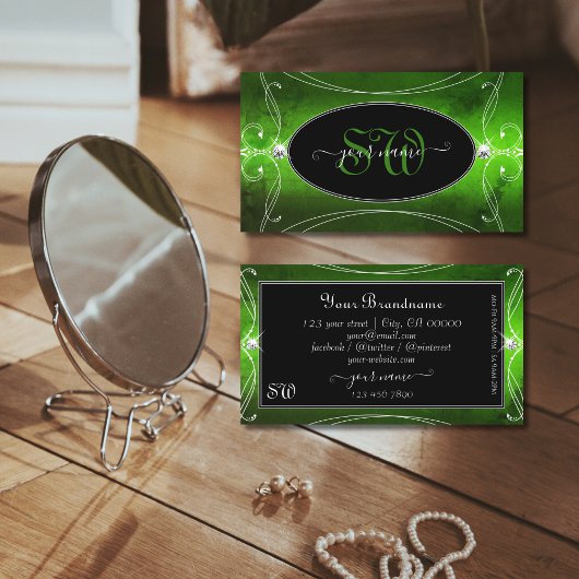 Noble Black Green  Sparkle Diamonds Monogram Visitekaartje