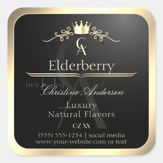 Noble Black Product Label with Gold Frame Monogram (Voorkant)