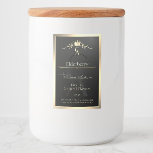 Noble Black Product Label with Gold Frame Monogram Voedselcontainer Etiket (Voorkant)