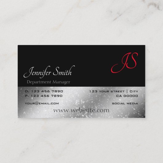 Noble Black Red Silver Glittery Sterren en Initial Visitekaartje (Achterkant)