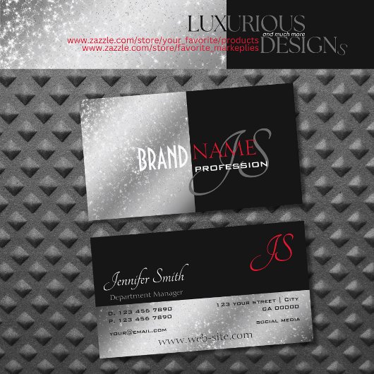 Noble Black Red Silver Glittery Sterren en Initial Visitekaartje