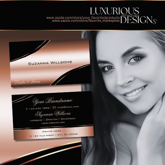 Noble Black Roos Gold Curved Decor Lines Shimmery Visitekaartje