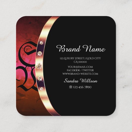 Noble Black Roos Gold en Rode marmer met monogram Vierkante Visitekaartje (Achterkant)