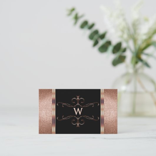 Noble Black Roos Gold Glitter Ornamental Monogram Visitekaartje (Staand voorkant)
