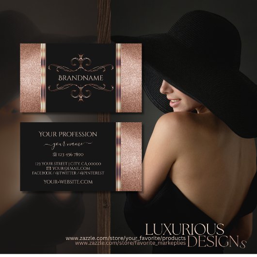 Noble Black Roos Gold Glitter  Ornamental Visitekaartje