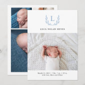 Noble Blue Monogram Wreath Birth Announement Kaart (Voorkant / Achterkant)