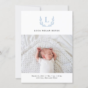 Noble Blue Monogram Wreath Birth Announement Kaart