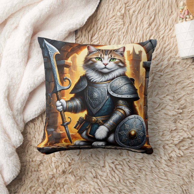 Noble Cat in Armor met zwaard en schild Kussen (Deken)