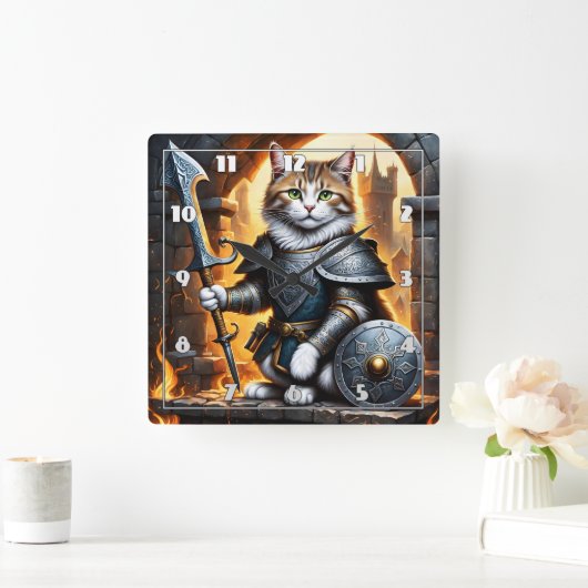 Noble Cat in Armor met zwaard en schild Vierkante Klok (Huis)