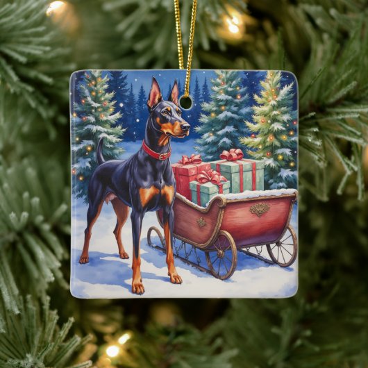 Noble Doberman Guarding Christmas Sleigh Winter Keramisch Ornament (Boom)