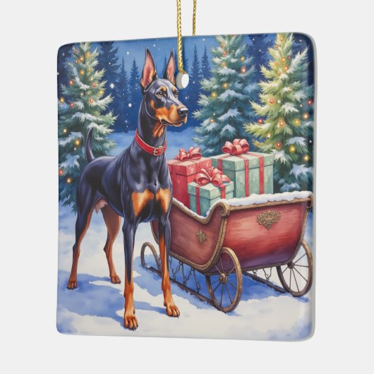 Noble Doberman Guarding Christmas Sleigh Winter Keramisch Ornament (Links)