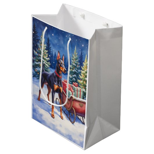 Noble Doberman Guarding Christmas Sleigh Winter Medium Cadeauzakje (Voorkant Gekanteld)
