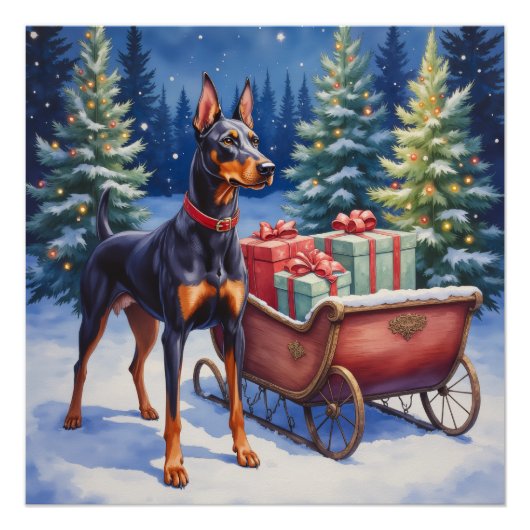 Noble Doberman Guarding Christmas Sleigh Winter Perfect Poster (Voorkant)