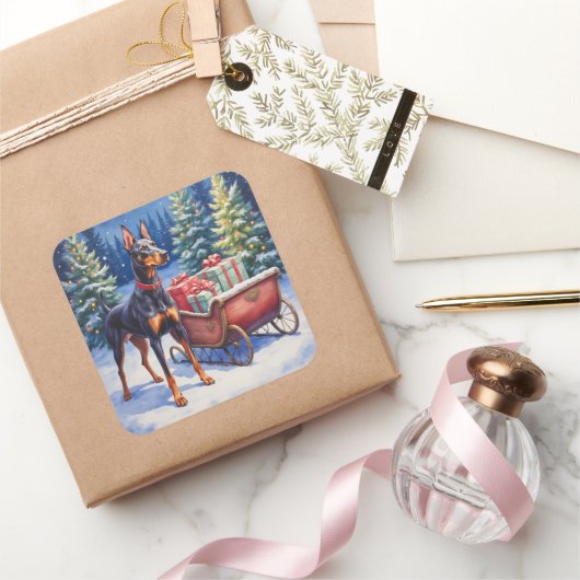 Noble Doberman Guarding Christmas Sleigh Winter Vierkante Sticker (Geschenken)