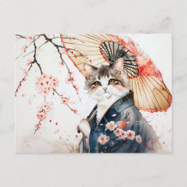 Noble Geisha Cat met Bamboe paraplu in het Chinees Briefkaart