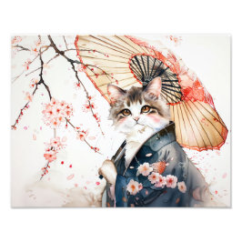 Noble Geisha Cat met Bamboe paraplu in het Chinees Foto Afdruk
