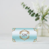 Noble Gold Decor Ice Blue Monogram Foto QR-code Visitekaartje (Staand voorkant)