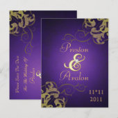 Noble Gold Scroll Paarse Save the Date Briefkaart (Voorkant / Achterkant)