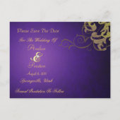 Noble Gold Scroll Paarse Save the Date Briefkaart (Achterkant)