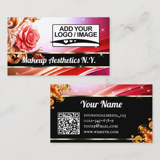 Noble Golden Pink Rose Glitter Stars QR Code Logo Visitekaartje (Voorkant / Achterkant)