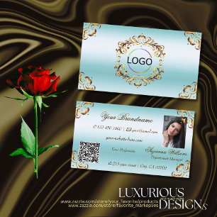 Noble Gouden Decor Ijsblauw Logo Foto en QR-code Visitekaartje