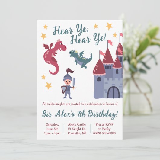 Noble Knight, Dragon, Castle Thmed Birthday Party Kaart (Staand voorkant)