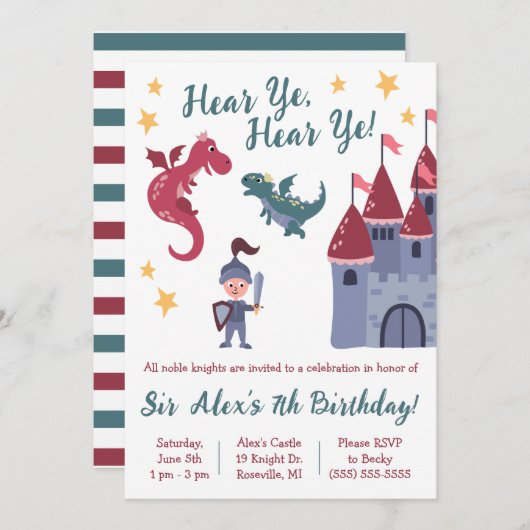 Noble Knight, Dragon, Castle Thmed Birthday Party Kaart (Voorkant / Achterkant)