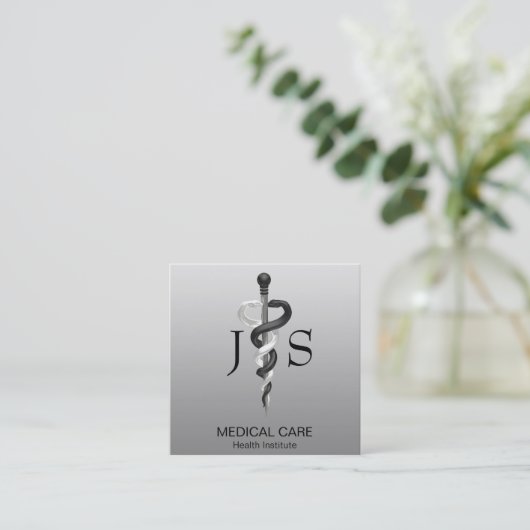 Noble Medical Classy Elegant Black White Asclepius Vierkante Visitekaartje (Staand voorkant)