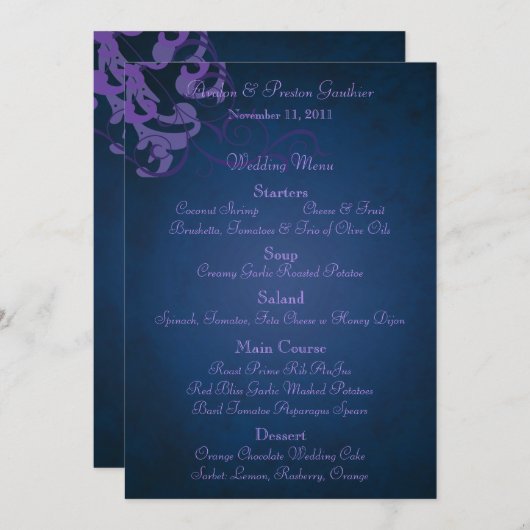 Noble Paars Scroll Blue Wedding Menu (Voorkant / Achterkant)