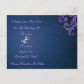 Noble Paarse Blauwe Scroll Save the Date Briefkaar Aankondigingskaart (Achterkant)